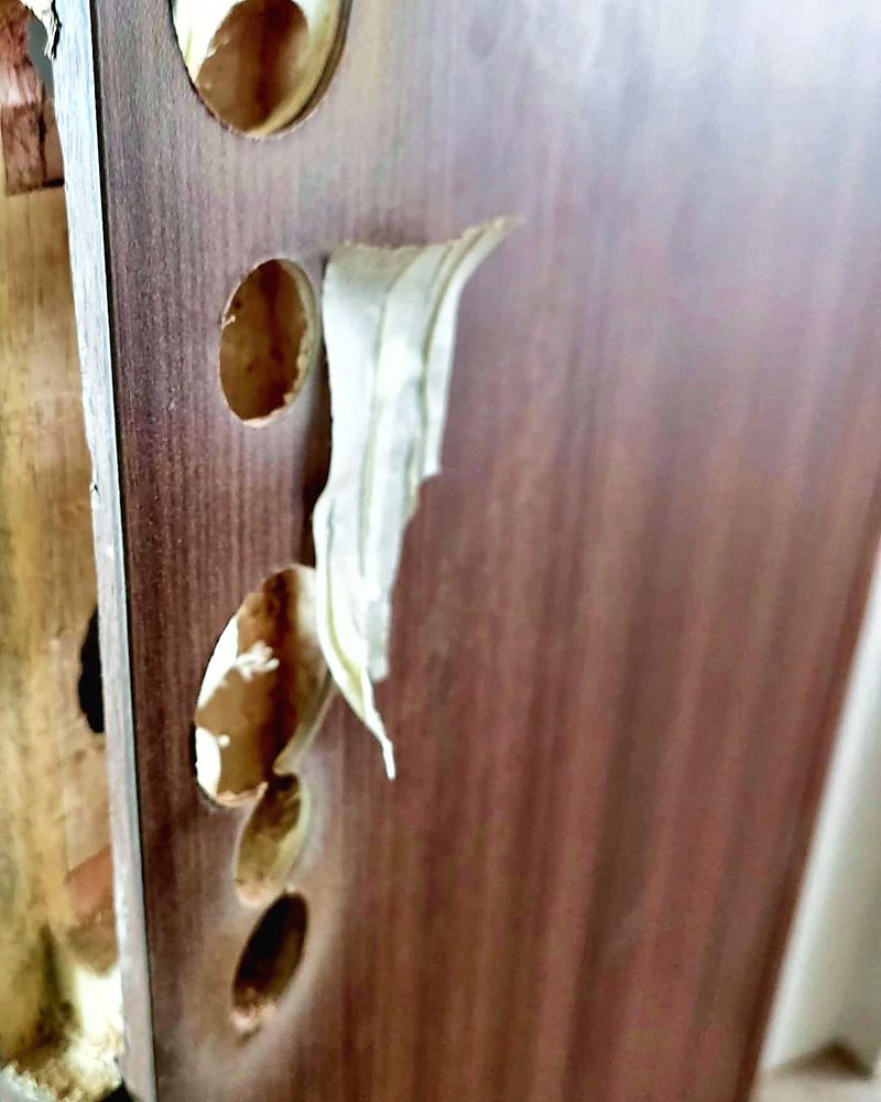 Wooden door with drilled holes left after the old lock was removed