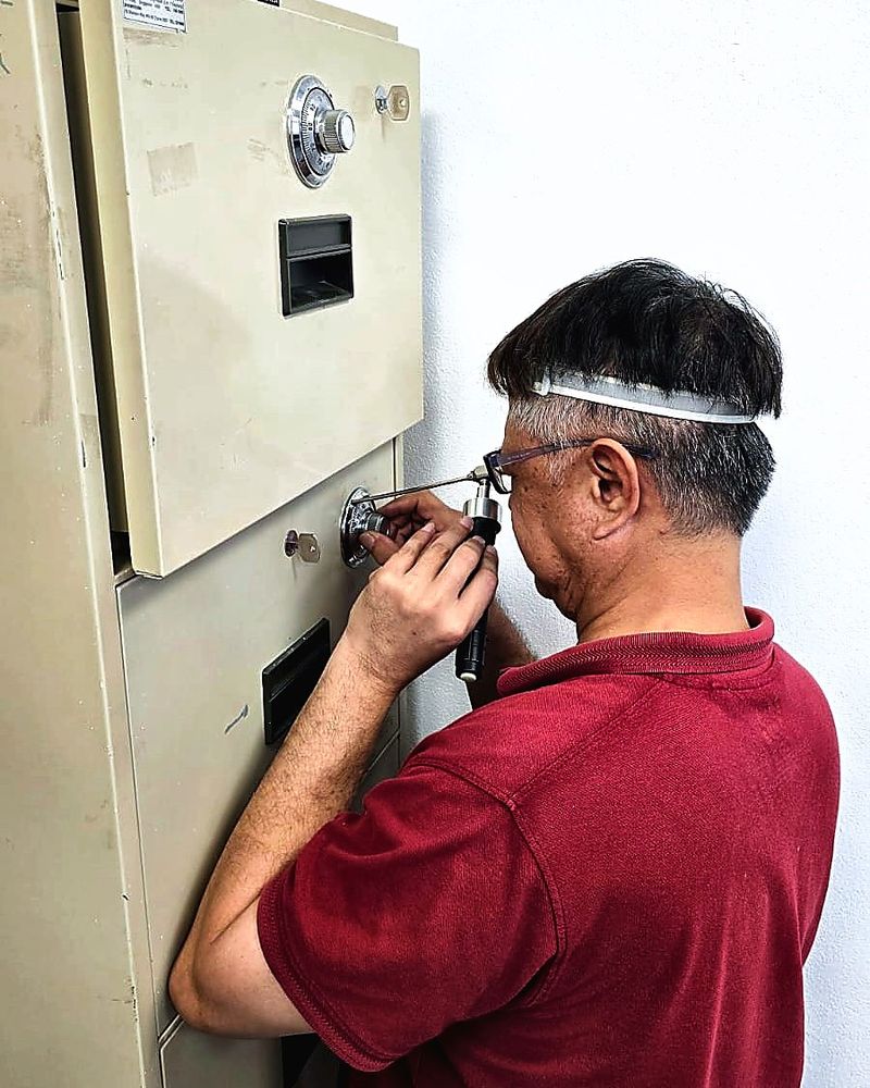 Uncle Thomas, Singapore locksmith and safesmith, opening a combination lock on an office safe cabinet